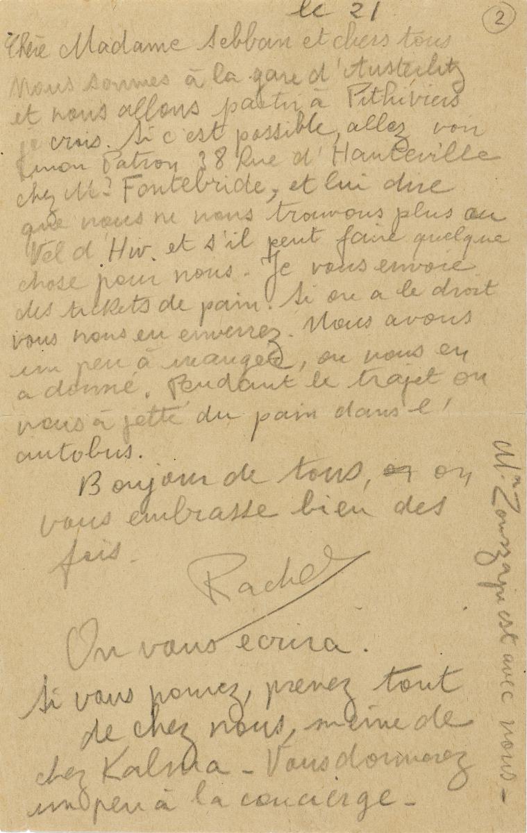 Lettre envoyée de la gare d'Austerlitz par Rachel Polakiewicz le 21 juillet 1942
